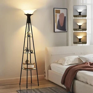69" Industrial Floor Lamp w/3 Shelves - 3-Tier Tall Lamp w/Plastic Shade, Black - Picture 1 of 5