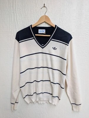 Vintage Union Made Adidas White Navy Stripe Tennis Sweater Women's Size Large  - Image 1 of 4