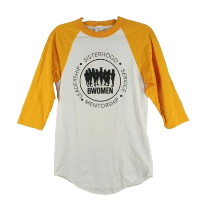 Women T-Shirt 3/4 Sleeve Crew Neck White & Yellow w/ BWOMEN Print SIZE S - Image 1 of 4