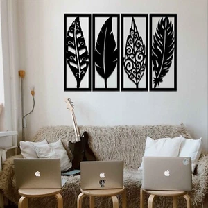 Mystical Wooden Feathers Wall Hanging Art - Modern Home & Office Decor - Picture 1 of 10