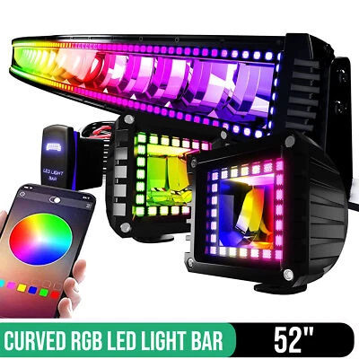 52" INCH 300W RGB LED Curved Work Light Bar Offroad + Wiring For 4WD Pickup Foto 1 de 4