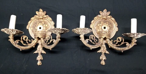 Pair Vintage Wall Sconces Brass 11"W by 10"H wired will hold crystals French Cover