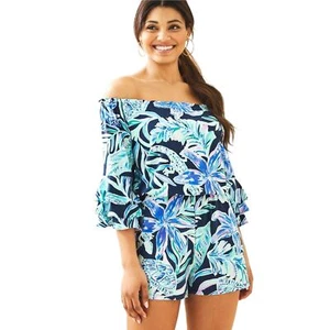 Lilly Pulitzer Calla Off The Shoulder Romper Floral Print High Tide Navy Size XS - Picture 1 of 14