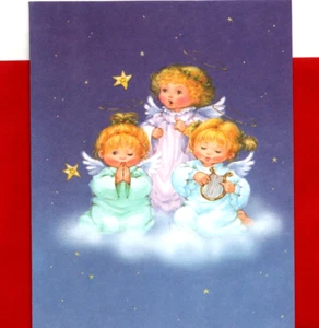 Merry Christmas Music Angel Wink Children Angels Greeting Cards - Set of 4 - Picture 1 of 3