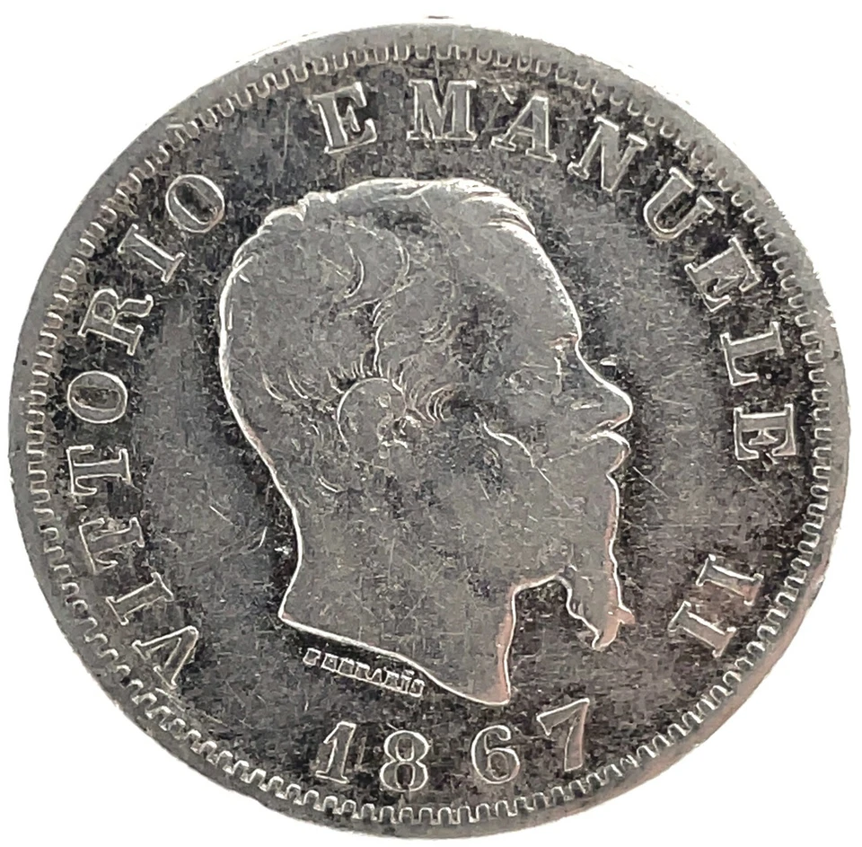 1867 M BN ITALY King Victor Emmanuel II Silver 1 Lire ITALIAN Coin KM#5a Scares! - Image 1 of 2