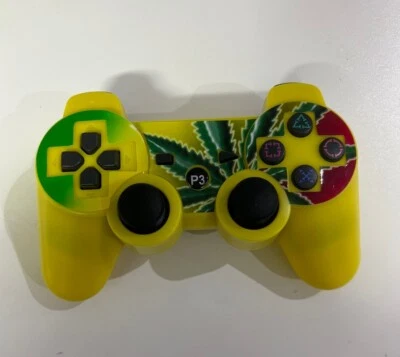 Green 420 Leaf Yellow Wireless Controller For PS3 Game Pad Skin Red Rasta Gift - Image 1 of 2