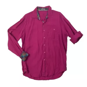 Bugatchi Uomo Shirt Mens L Large Magenta Linen Flip Cuffs Tab Sleeve Shaped Fit - Picture 1 of 13