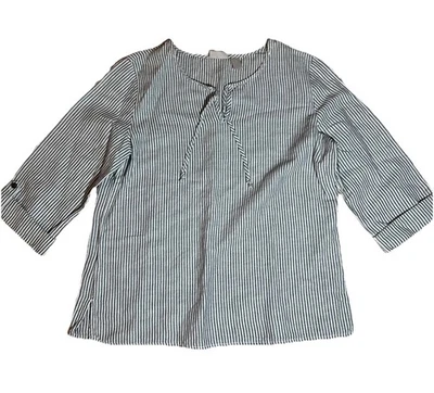 Blusa de media manga Chico's talla 1 gris blanco a rayas mezcla de lino Foto 1 de 4