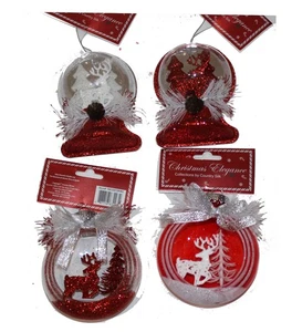 4" Reindeer Hanging Christmas Tree Snow globe Ornament Theme Glittered Red White - Picture 1 of 10