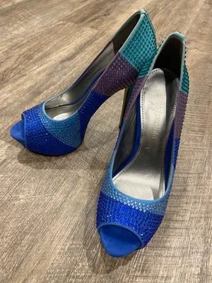 Zapatos de salón Enzo Angiolini talla 6 Stilleto estrás punta abierta colorido azul Foto 1 de 4