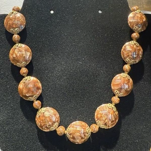 Vintage Venetian Murano Glass Goldstone Gold Foiled Disc Bead Necklace 16.5” - Picture 1 of 8