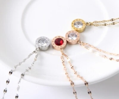 Mujer Titanio Acero Inoxidable Número Romano Circón Cúbico Redondo Collar 16-18" Foto 1 de 4