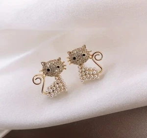 Kate Spade Earrings Cat Kitty Crystal Stud Drop Dangle Pearl Faux Gold CZ - Picture 1 of 4