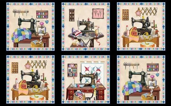 A Stitch in Time ~ Máquina de coser, panel de edredón de tela ~ Elizabeth Studio ~ 24" Foto 1 de 1