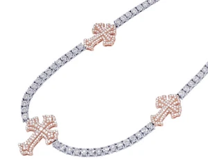 Three Crosses 1 4/5 CT Real Diamond Illusion Set Tennis Chain Necklace White ... - Picture 1 of 5