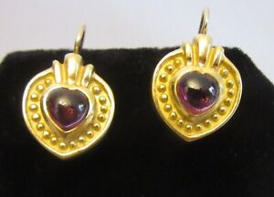 estate 18K Yellow Gold Ruby Heart Cabochon Earrings leverbacks signed SMC 10.53g
