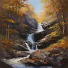 Waterfall Autumn Oil Paint River Canvas Wall Picture Print Colourful