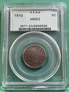 1910 PCGS V Nickel MS63 5C Old Green Holder OGH - Picture 1 of 2