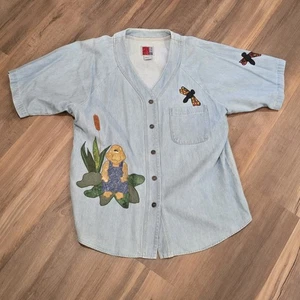 T-shirt denim anni 90 ricamata vintage bottoni cotone rana libellula lilypad grande - Foto 1 di 10