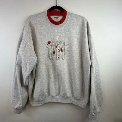Sudadera Vintage Jerzees Mujer XL Gris Rojo Bordada Cardinal Bird Branch Foto 1 de 4