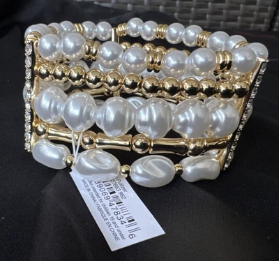 Brazalete Lilly Pulitzer circonita cúbica tono dorado diamantes de imitación perlas elásticas nuevo con etiquetas Foto 1 de 4