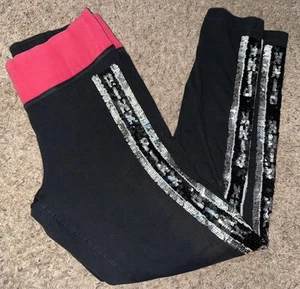 Victoria's Secret PINK BLING schwarz silber Pailletten Spellout Hose Jogginghose Yoga L - Bild 1 von 4