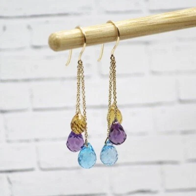 Natürlich Blauer Topas, Citrin, Amethyst Triple Drop 18k Gelbgold Fein Ohrringe - Bild 1 von 4