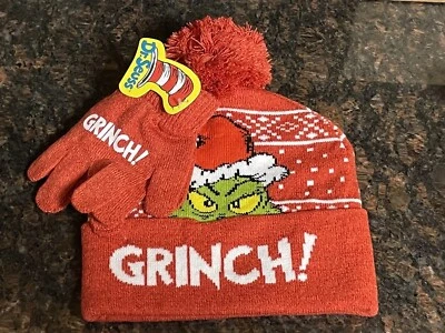 Conjunto de Sombrero y Guantes Grinch Quién Robó Navidad NIÑOS JÓVENES Invierno Nieve Naranja Nuevo con Etiquetas Foto 1 de 4