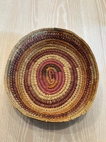 Vtg Coiled Rattan Wrap Basket Desert Sunrise Pattern Cover