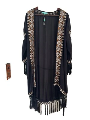 Melissa Odabash Negro Caftán Cubierta Talla Única Flecos Cinturón Boho Bordado OS Foto 1 de 4