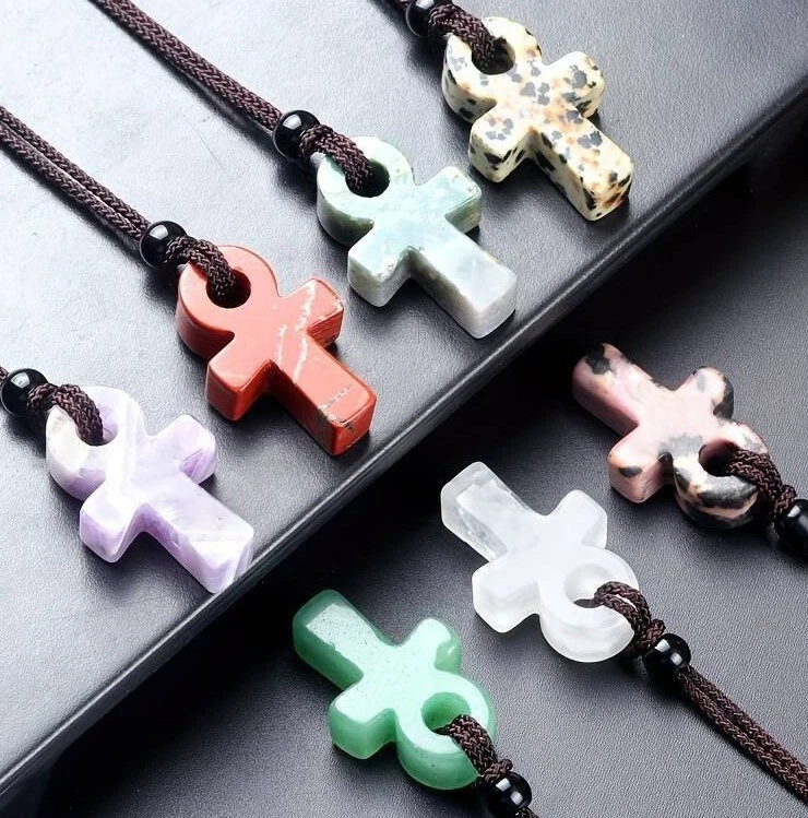 Naturstein Halbedelstein Ankh Anch ägyptisches Kreuz Anhänger Kette Halsband - Bild 1 von 4