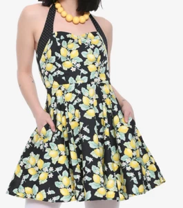 ROCKABILLY PIN UP GIRL GOTHIC ZITRONEN UND TUPFEN NECKHOLDER SWING KLEID NEU MIT ETIKETT MD - Bild 1 von 2