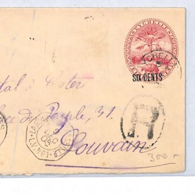 SEYCHELLES Stationery Cover 6c Surcharge TURTLE/PALM Reg'd 1905 Belgium YH192 - Image 1 of 4