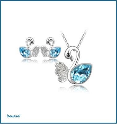 Prezioso Set Di Collana E Orecchini Con Cigno Blu In Argento E Cristallo - Immagine 1 di 4