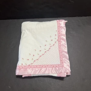 Carters Baby Welcome To The Family Baby Blanket Pink Satin Edge Rose Buds ISSUES - Picture 1 of 16