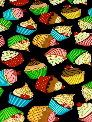 ROSE AND HUBBLE Rose & Hubble Tasty Cup Cake Icing Frosting Pink, Green, Blue Black Fabric Print