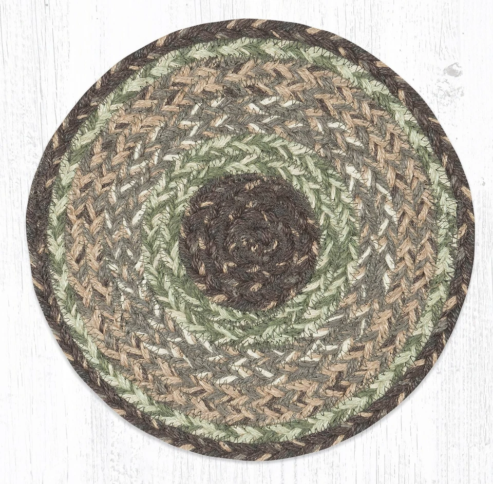 Set of 2 Braided Jute Round Placemat/Trivet/Swatch. BROWN, GREEN Earth Rugs.10" - Image 1 of 1