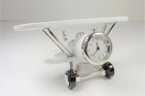 AIRCRAFT METAL WHITE BI-PLANE AVIATION PILOTS DESK CLOCK PAPERWEIGHT ARTWORK - Picture 1 of 8