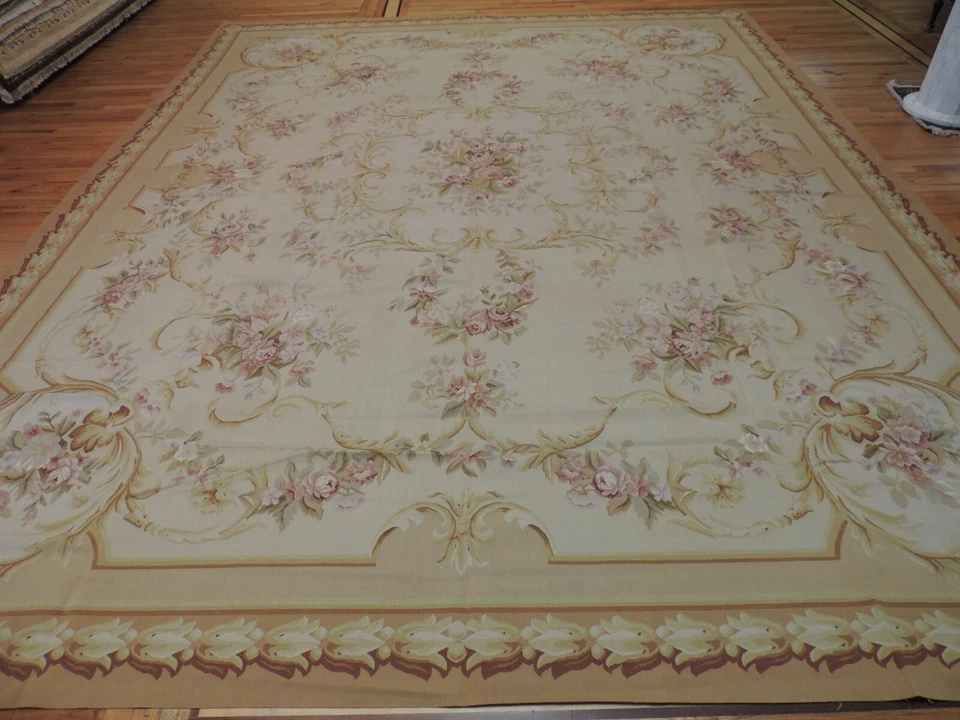 Alfombra oriental estilo Aubusson francés de gran tamaño/palacio 12x15 medallón beige Foto 1 de 4
