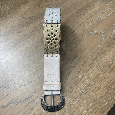 Cinto de couro fóssil feminino médio floral corte a laser patchwork fivela boho ocidental - Imagem 1 de 4