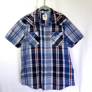 Levi's Western Shirt Men's Size XL Blue Plaid Pearl Snap Short Sleeve Button Up - Picture 1 of 9