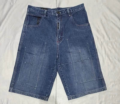 Sean John Jean Shorts Mens 34 Blue Denim Bermuda Long Relaxed 5 Pocket Zip Fly - Image 1 of 4