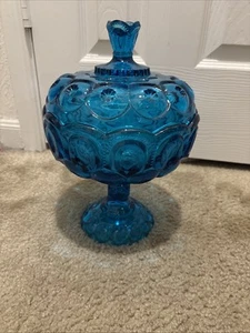 Vintage Mid Century LE Smith Moon and Stars Blue Glass Compote Candy Dish w/Lid - Picture 1 of 5