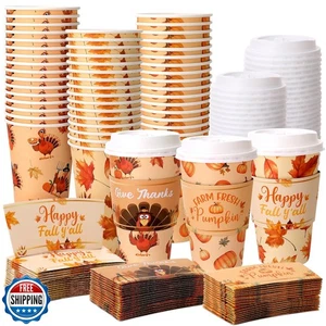 Ovveroche 48 Pcs Fall Thanksgiving Paper Coffee Cups with Lids and Sleeves Au - Picture 1 of 5