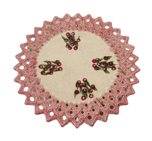 VINTAGE LATTICE CAKE PLATE HAND-PAINTED CHERRIES 10" SIGNED KJ - Picture 1 of 7