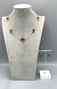 Sterling Silber, Nephrit Perlen Station Halskette & Ohrringe Set - Bild 1 von 7