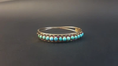 Elegant Late C19th 15ct Rose Gold Turquoise & Ruby Hinged Bangle Bracelet 11.7g - Image 1 of 4
