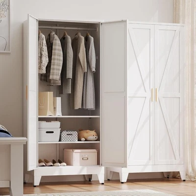 Elegro 71"White Metal Storage Wardrobe With 2 Adjustable Shelves and Hanging Rod - Image 1 of 4