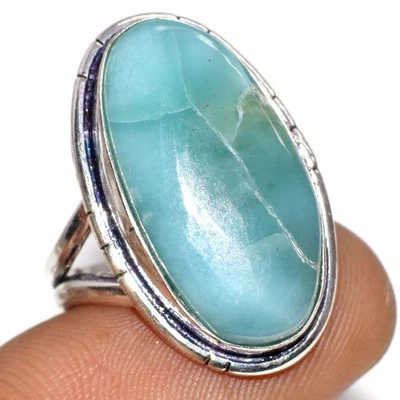 925 Silver Plated Larimar Ethnic Ring Handmade Gemstone Jewelry Size US 7 GW - Image 1 of 3