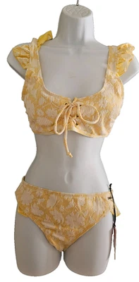 Juicy Couture 2pc Bikini Bathing Suit Swim Medium Floral Ruffle Yellow NWT B33 - Imagem 1 de 4